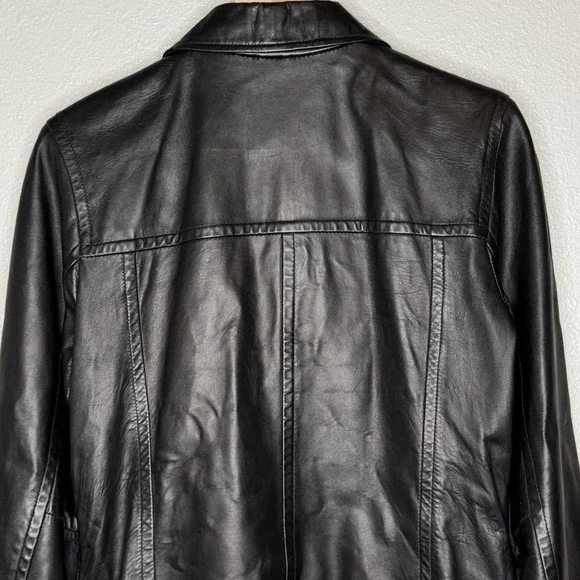 Express Black Genuine Leather Zip Front Jacket Womens Small Y2K Minimal Moto - Picture 9 of 10